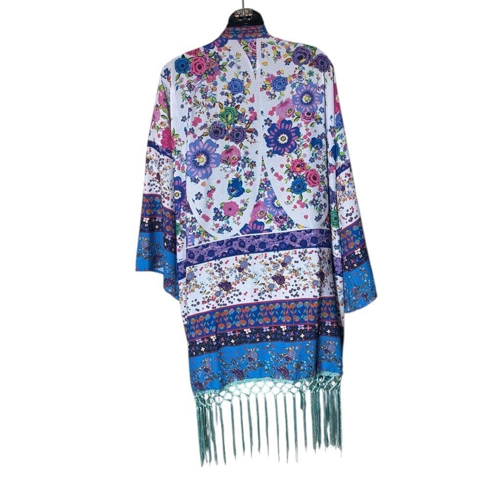 Aratta silent‎ journey women’s small kimono long line floral fringed dopamine